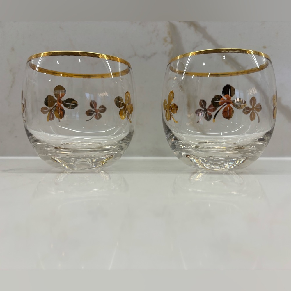 Pair Vintage Gold Roly Poly Shamrock Lucky Clover Barware Glasses St Patrick’s